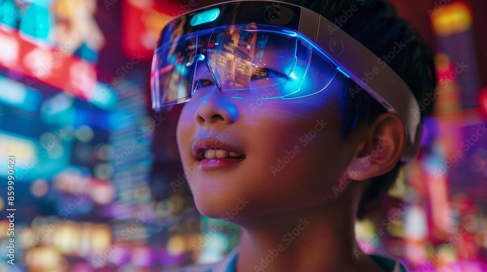 Envision a 12yearold Asian boy, his face glowing with enthusiasm, wearing smart glasses that display a virtual travel experience, as he explores different countries and cultures th Envision a 12yearold Asian boy, his face glowing with enthusiasm, wearing smart glasses that display a virtual travel experience, as he explores different countries and cultures th