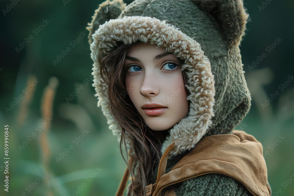 Bear Paw Hood, Woman in bear paw hood, soft forest green background Bear Paw Hood, Woman in bear paw hood, soft forest green background