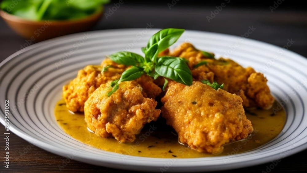 Deliciously golden fried chicken with a vibrant sauce garnished with fresh basil Deliciously golden fried chicken with a vibrant sauce garnished with fresh basil