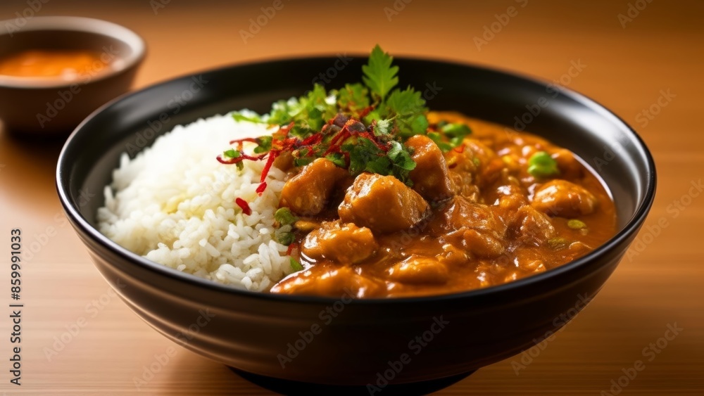  Delicious Asian cuisine  Rice and curry with a side of chili sauce