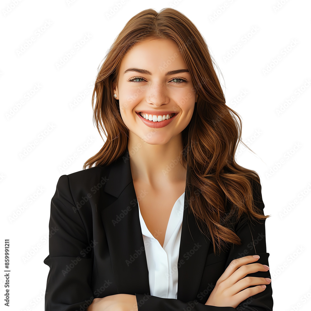 Confident businesswoman in a black suit smiling with arms crossed. White background, professional portrait. Confident businesswoman in a black suit smiling with arms crossed. White background, professional portrait.