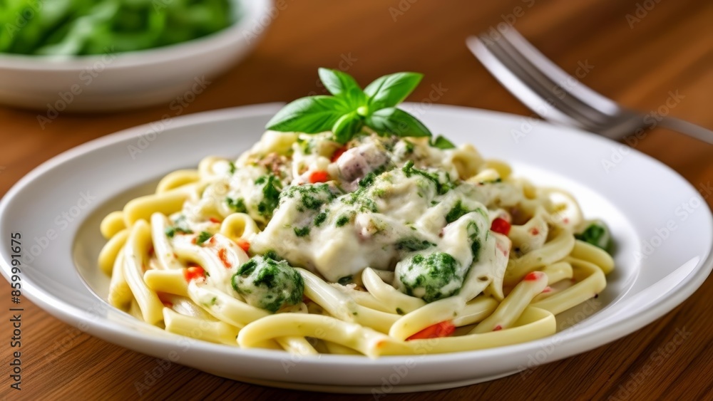 Delicious pasta dish with creamy sauce and fresh herbs Delicious pasta dish with creamy sauce and fresh herbs