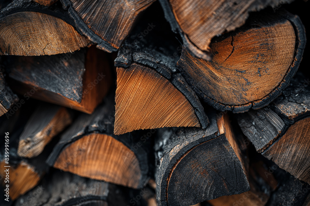 Fototapeta premium Background of cut logs Firewood stacked in a row Chopped wood logs, wooden textured background