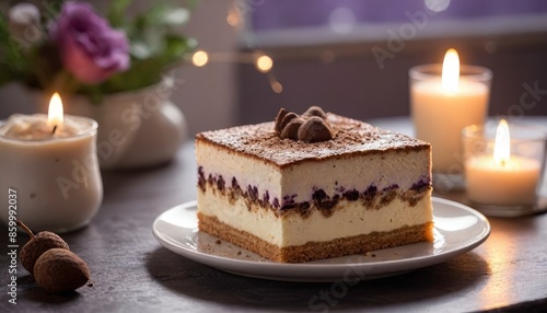 Delicious Cheesecake with Chocolate Topping and Candles.