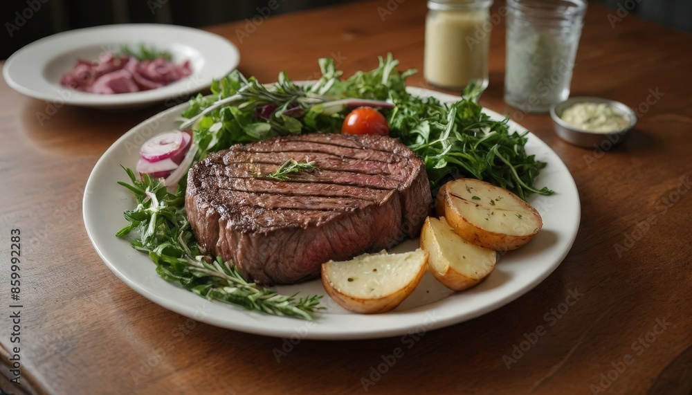Grilled Steak with Roasted Potatoes and Salad on White Plate. Grilled Steak with Roasted Potatoes and Salad on White Plate.
