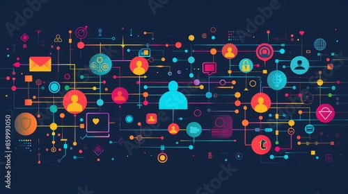a digital cartoon modern illustration of a simple diagram showing the persona at the center, surrounded by various social network icons