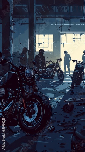A brooding motorcycle gang gathering in an abandoned warehouse. ,Dark Color light ,vectorline design , illustration , Mobile Wallpaper