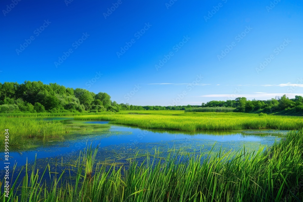 Fototapeta premium Serene Pond in a Lush Green Meadow Under a Clear Blue Sky