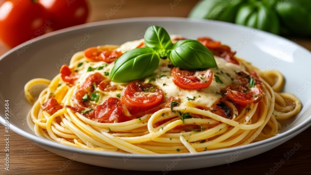 Delicious pasta dish with fresh tomatoes and basil Delicious pasta dish with fresh tomatoes and basil