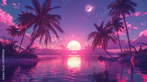 Retro 80s synthwave landscape featuring neon palm trees and a purple sky