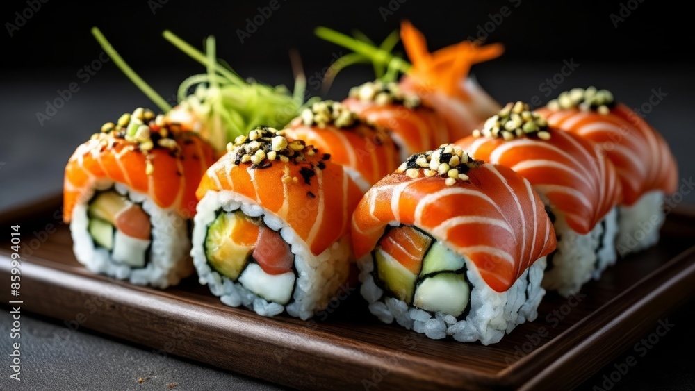 Deliciously crafted sushi rolls ready to be savored Deliciously crafted sushi rolls ready to be savored