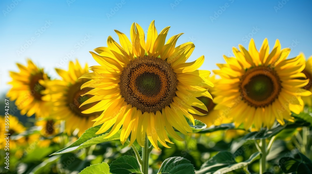 Close-Up of Bright Yellow Sunflowers in a Sunny Field Under a Clear Blue Sky Close-Up of Bright Yellow Sunflowers in a Sunny Field Under a Clear Blue Sky