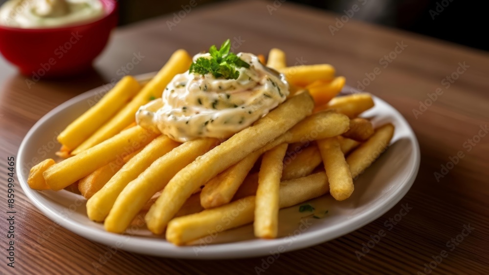 Deliciously indulgent fries with a creamy sauce ready to be savored Deliciously indulgent fries with a creamy sauce ready to be savored