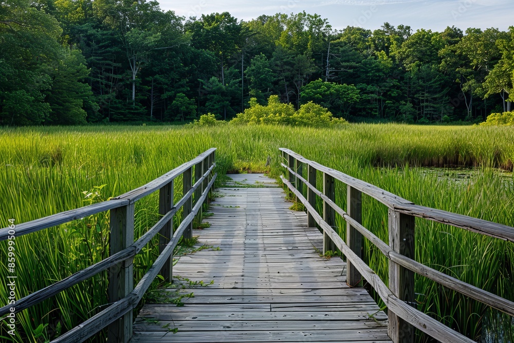 Wooden Bridge Leading Through Lush Green Grass Wooden Bridge Leading Through Lush Green Grass