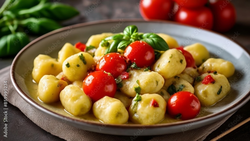 Delicious pasta dish with cherry tomatoes and fresh herbs Delicious pasta dish with cherry tomatoes and fresh herbs