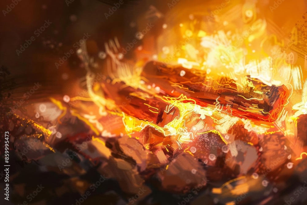 Illustrate a close-up of a fireplace, highlighting the blurred ember glow Use traditional media in a detailed approach, Illustrate a close-up of a fireplace, highlighting the blurred ember glow Use traditional media in a detailed approach,