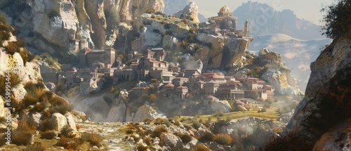 concept art, 3d model of a fantasy world with mountains, vilages and interesting places photo