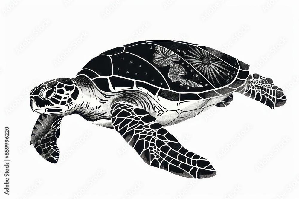Obraz premium Sea Turtle with cute designs, line art, line drawing, black isolated on white background, illustration background
