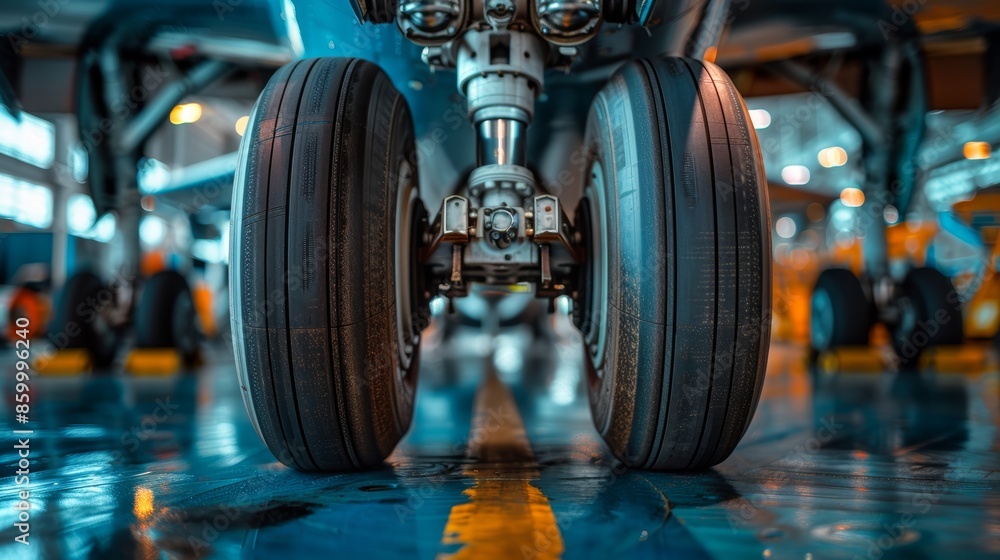 Fototapeta premium Close-Up of Airplane Landing Gear in Maintenance Hangar