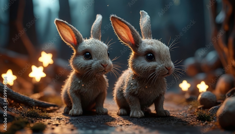 Fototapeta premium Two Cute Bunnies in the Forest.