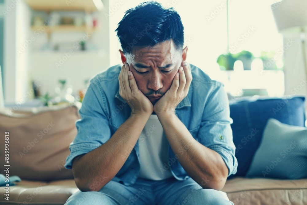 Obraz premium Sad Asian Man Sitting Alone on Sofa in Cozy Living Room A Contrast of Emotion and Environment