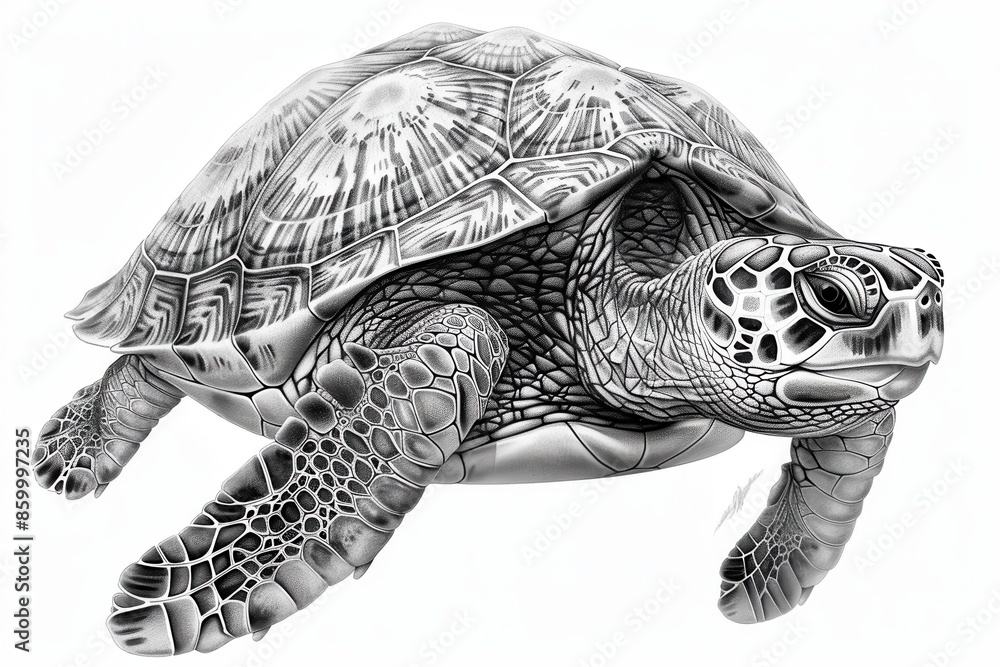 Obraz premium Detailed illustration of a turtle with intricate shell patterns, black and white, white background, illustration background