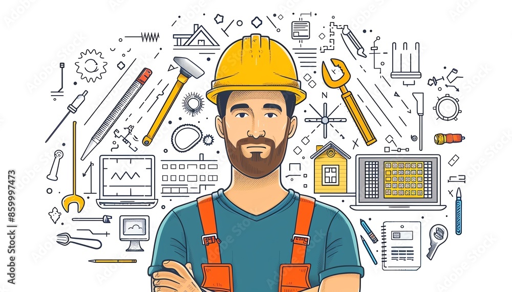 Builder engineer in protective helmet with various tools, thin line vector art, professional construction illustration Builder engineer in protective helmet with various tools, thin line vector art, professional construction illustration
