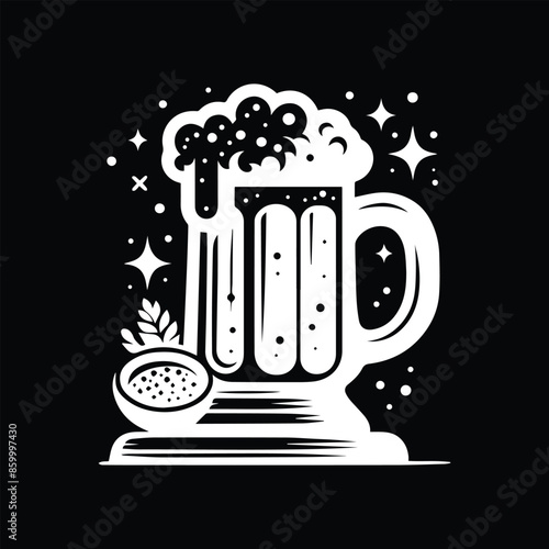 Black and White Beer Mug Graphic with Overflowing Foam, Ideal Drink Element for Bar Menus and Alcohol Promotions