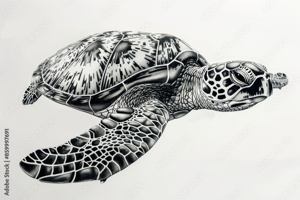 Fototapeta premium Stylized sea turtle with geometric patterns, black ink, white background, illustration background