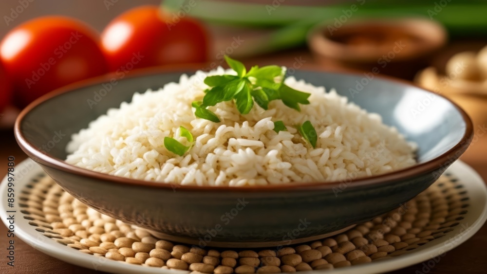 Deliciously simple A bowl of white rice garnished with fresh herbs Deliciously simple A bowl of white rice garnished with fresh herbs