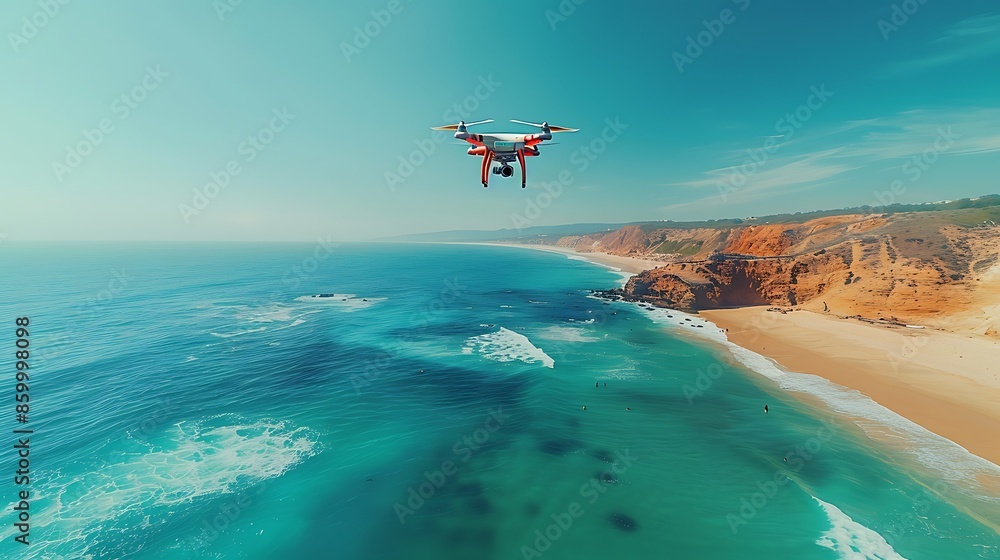 A drone flying along a coastline, with ocean waves crashing against the shore and a scenic beach visible below. A drone flying along a coastline, with ocean waves crashing against the shore and a scenic beach visible below.