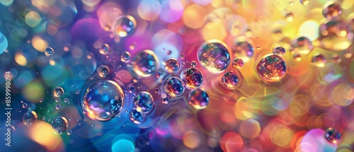 Illustrate a mesmerizing worms-eye view of a cluster of Fatty Acid droplets dancing in a vibrant, liquid rainbow splash, photo