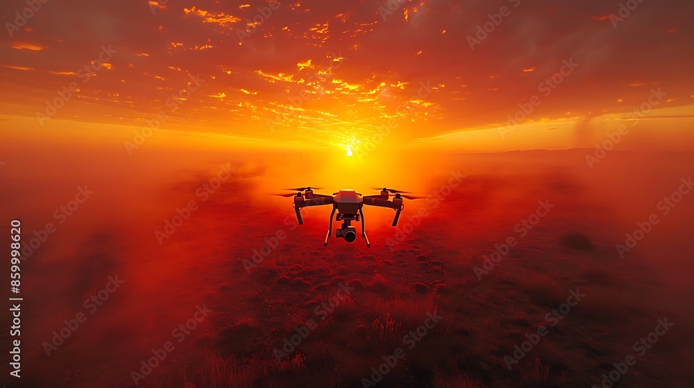 A drone in the sky at sunset, capturing the last rays of sunlight, with a backdrop of fiery colors. A drone in the sky at sunset, capturing the last rays of sunlight, with a backdrop of fiery colors.