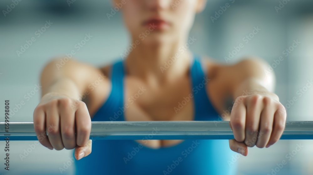 Naklejka premium Detailed shot of a young female gymnast on uneven bars, blue leotard, hands firmly gripping the bars, light background enhancing the focus on her skill and precision
