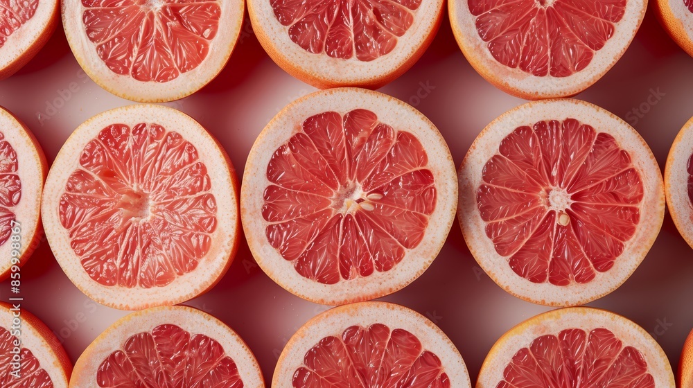 Detailed shot of several halved grapefruits, their bright pinkish-red interiors and juicy segments sparkling under the light, emphasizing texture and color Detailed shot of several halved grapefruits, their bright pinkish-red interiors and juicy segments sparkling under the light, emphasizing texture and color