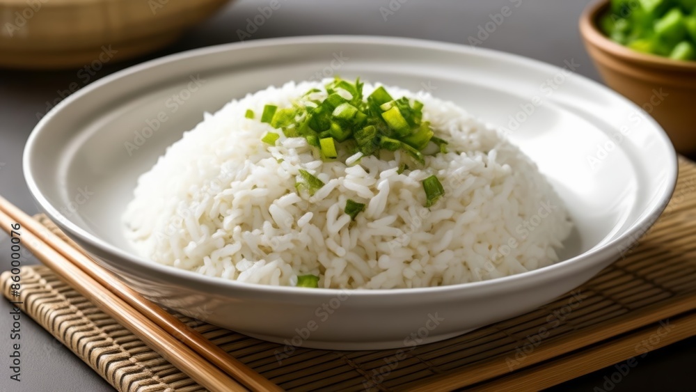 Deliciously plated steamed rice with a garnish of green onions Deliciously plated steamed rice with a garnish of green onions