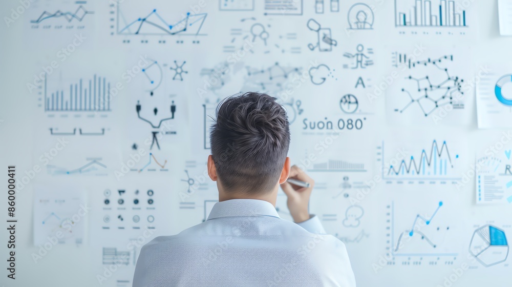 Business professional analyzing data and graphs on a whiteboard, focusing on strategy, innovation, and success in a modern office environment. Business professional analyzing data and graphs on a whiteboard, focusing on strategy, innovation, and success in a modern office environment.