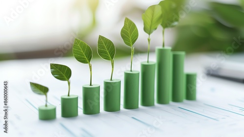 Green plant sprouts growing in ascending order on bar graph, symbolizing business growth, progress, and sustainable development.