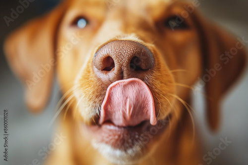 Funny portrait puppy dog licking its lips with tongue, close up