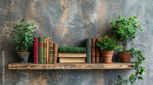 Antique books displayed on wooden shelf with plants space for text