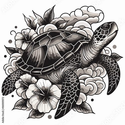 Tattoo of a turtle shell with clouds and hibiscus flowers. Black and grey elegant design on a white background.  photo