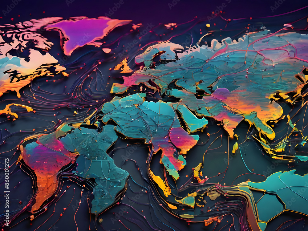Obraz premium A vibrant and dynamic abstract world map, showcasing the intricate connections of a global network