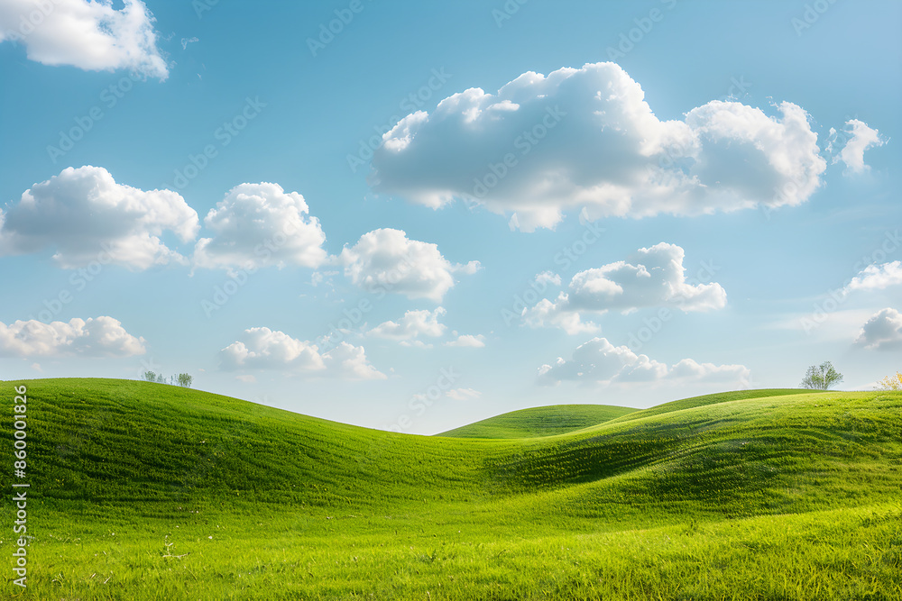 Naklejka premium Tranquil Green Hills Under Clear Blue Sky with Scattered Clouds and Gentle Breeze