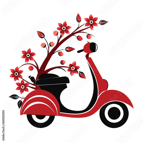A red scooter with a floral design, featuring a black seat and wheels. a logo for female riders. 