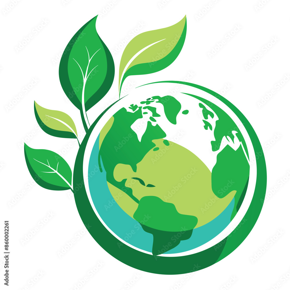 A green globe with a simplified map of the world surrounded by green leaves A green globe with a simplified map of the world surrounded by green leaves