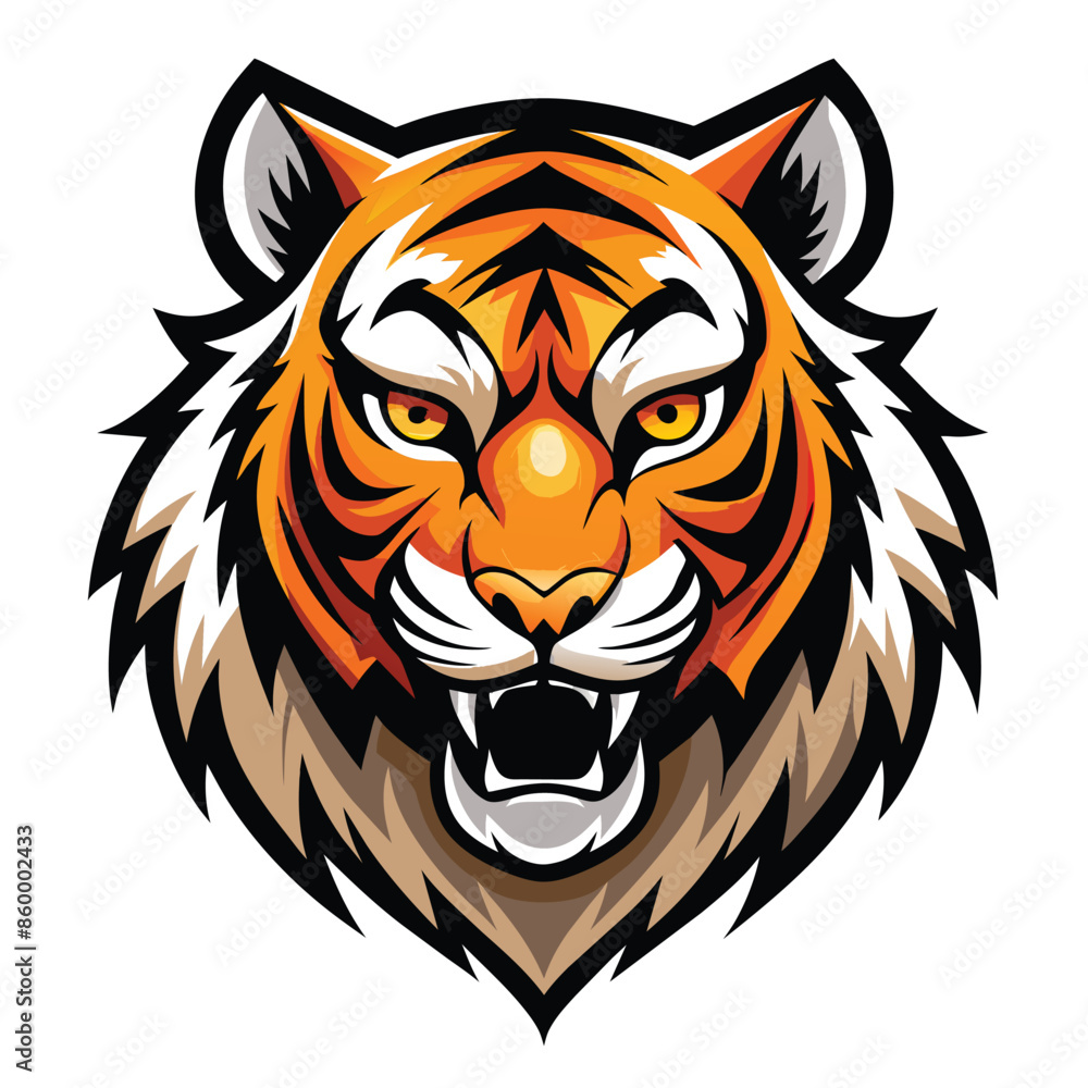 Tiger face logo on white background. Stylized with sharp lines and bold colors for a commanding presence Tiger face logo on white background. Stylized with sharp lines and bold colors for a commanding presence