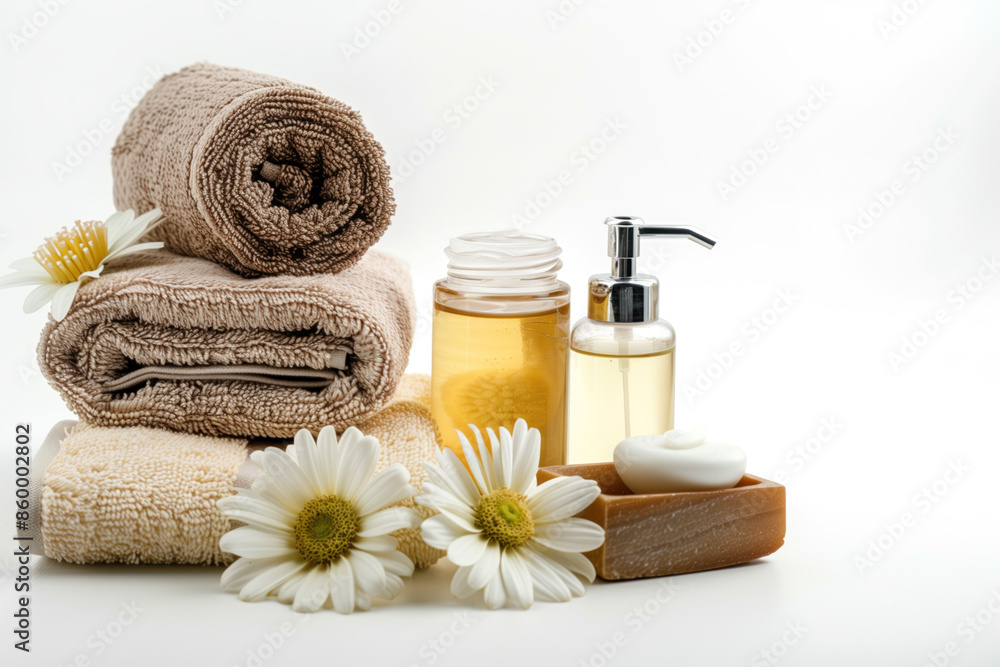 Spa product arrangement isolated on a white background. Created with Generative AI technology. Spa product arrangement isolated on a white background. Created with Generative AI technology.
