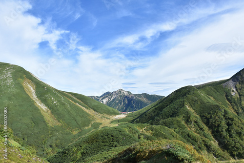 緑の山と青い空と白い雲