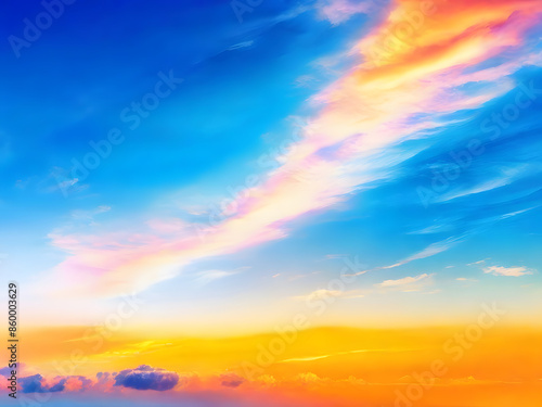 Fantasy vibrant panoramic sunset sky - Gradient rich colors - ethereal dreamy summer sunset or sunrise sky. Uplifting and peaceful sky. - blue, orange, yellow vibrant rich colors