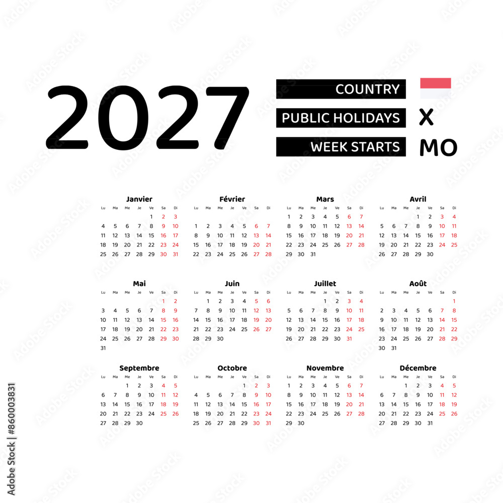 Calendar 2027 French language with Monaco public holidays. Week starts from Monday. Graphic design vector illustration. Calendar 2027 French language with Monaco public holidays. Week starts from Monday. Graphic design vector illustration.
